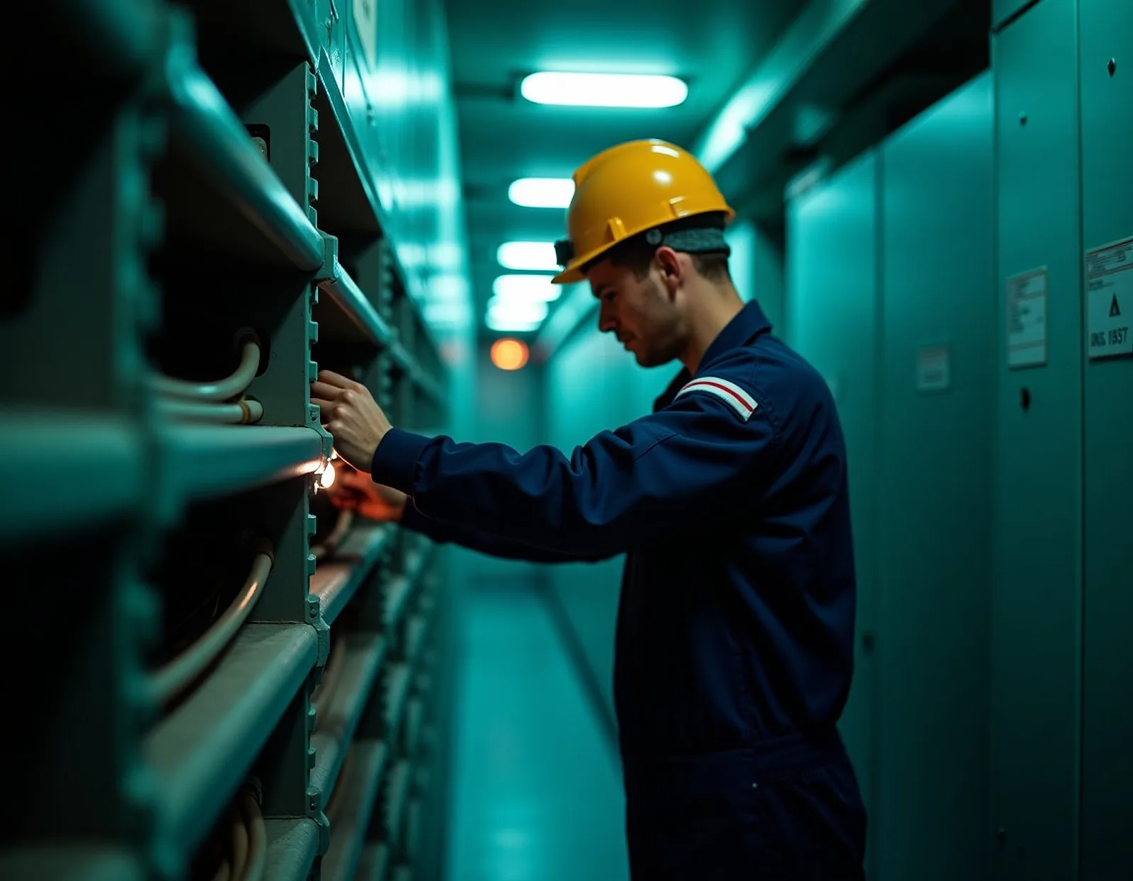 Marine electrician installing cable trays