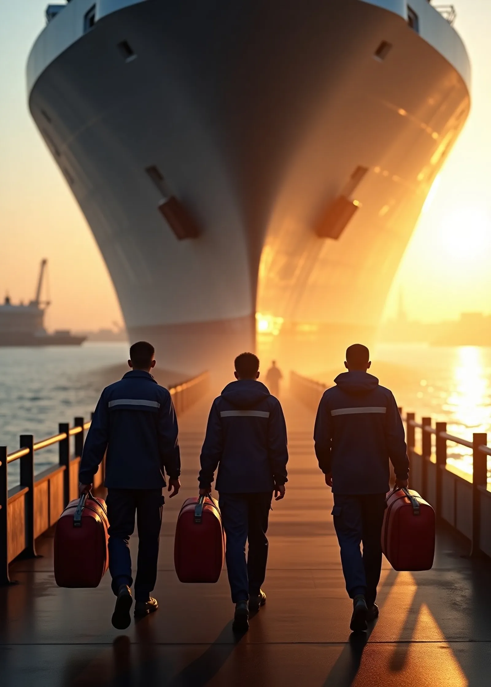 Crew walking up a ship gangway at dawn