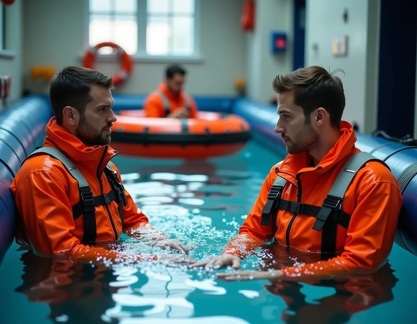 Seafarers in survival suits in a training pool